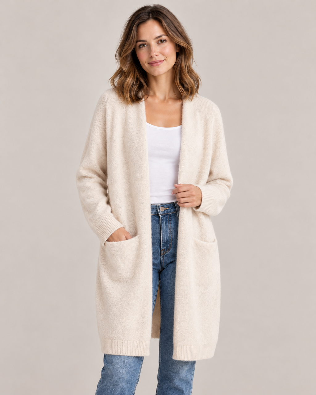 Women's Long Cardigan – Open Front Soft Knit with Pockets