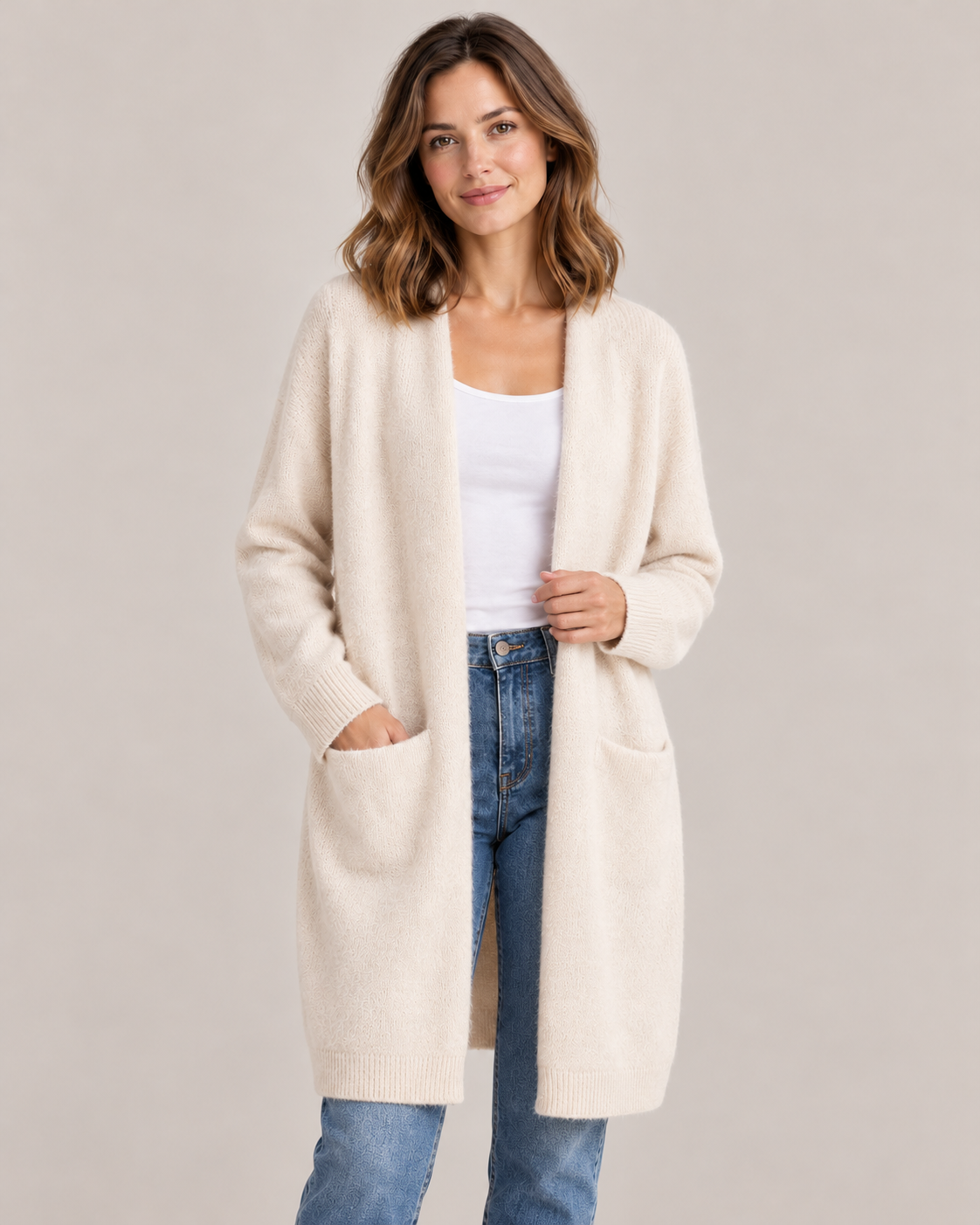 Women's Long Cardigan – Open Front Soft Knit with Pockets