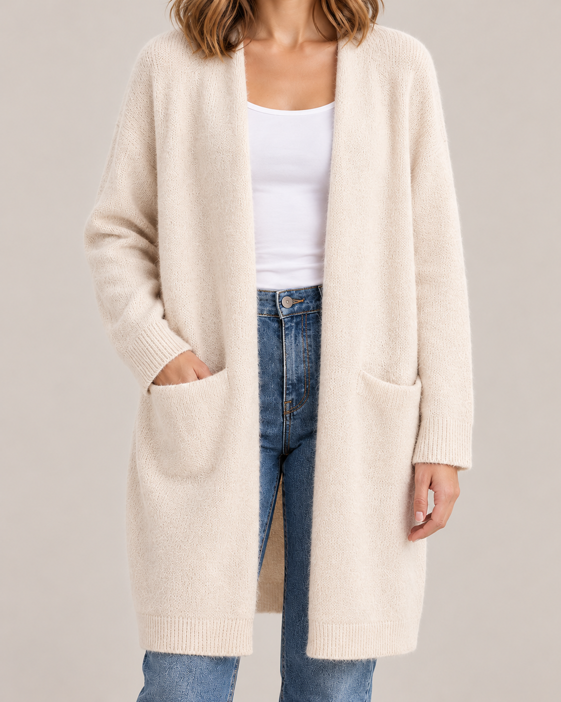 Women's Long Cardigan – Open Front Soft Knit with Pockets