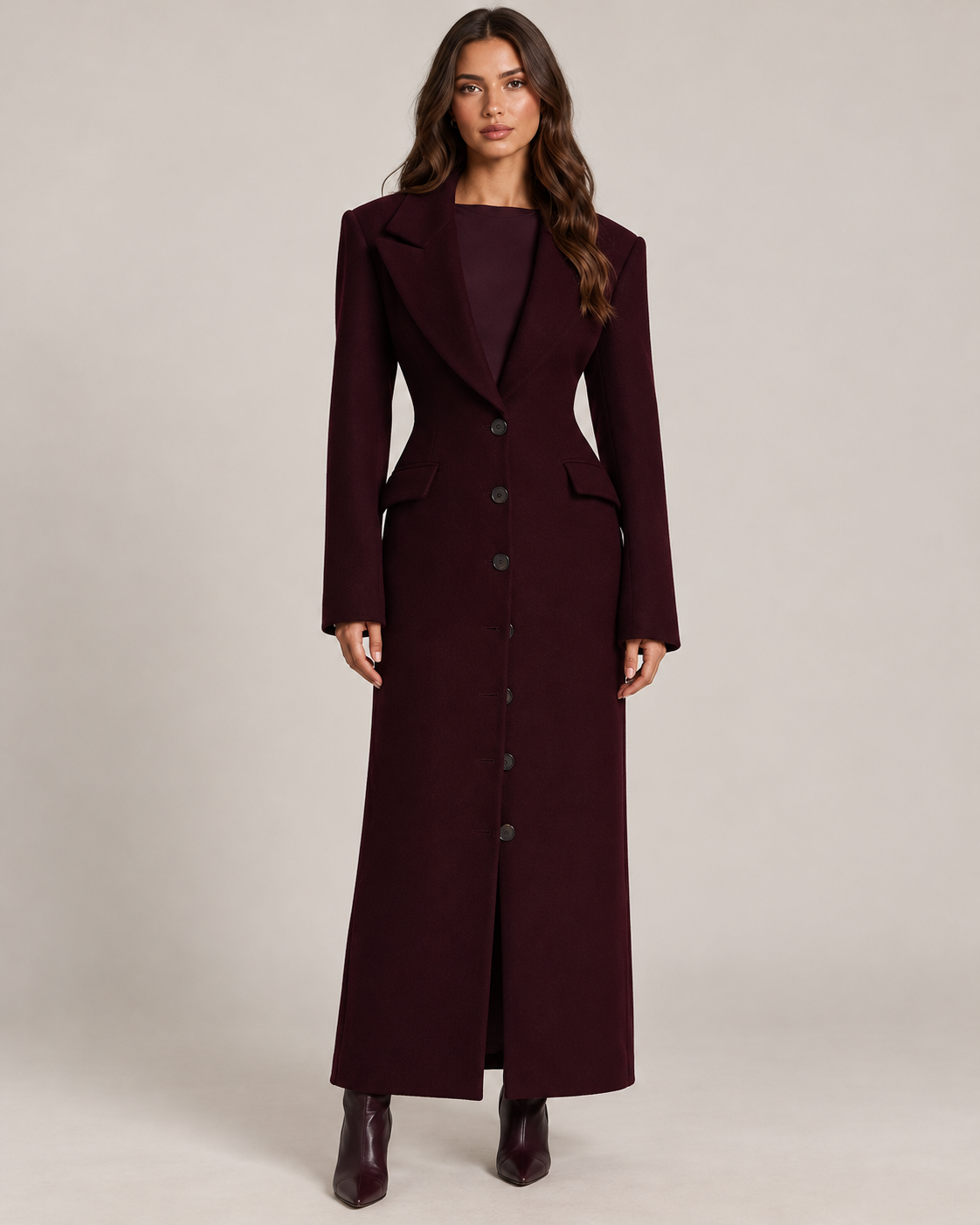 Women's Longline Wool Coat in Burgundy