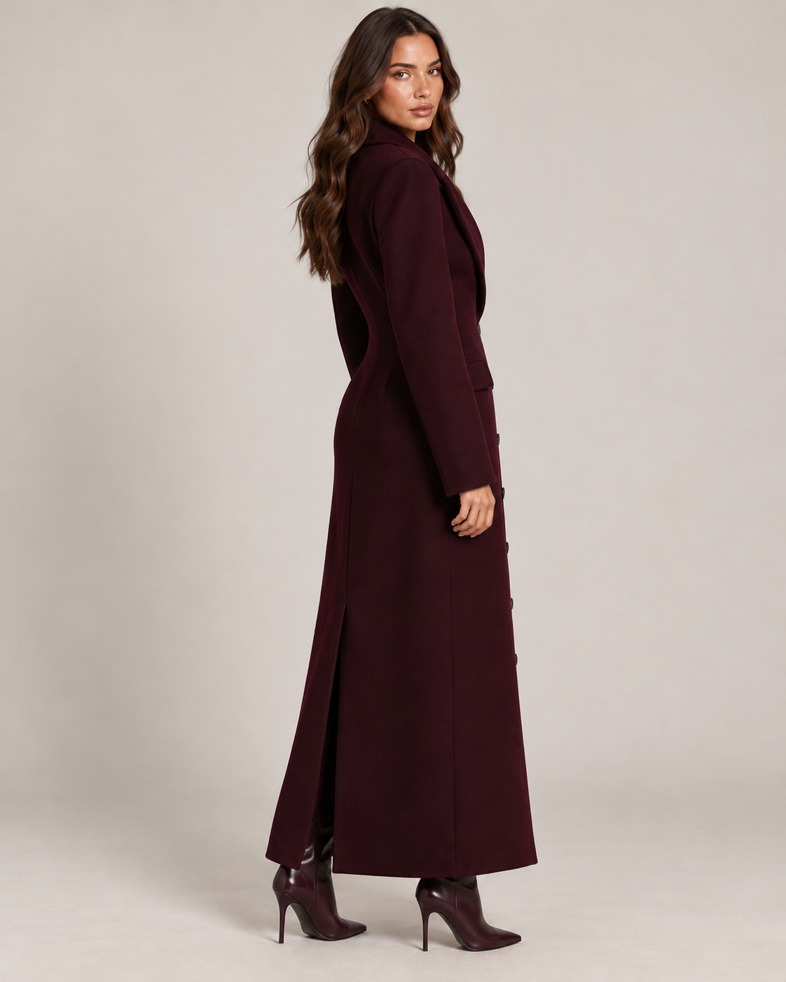 Women's Longline Wool Coat in Burgundy