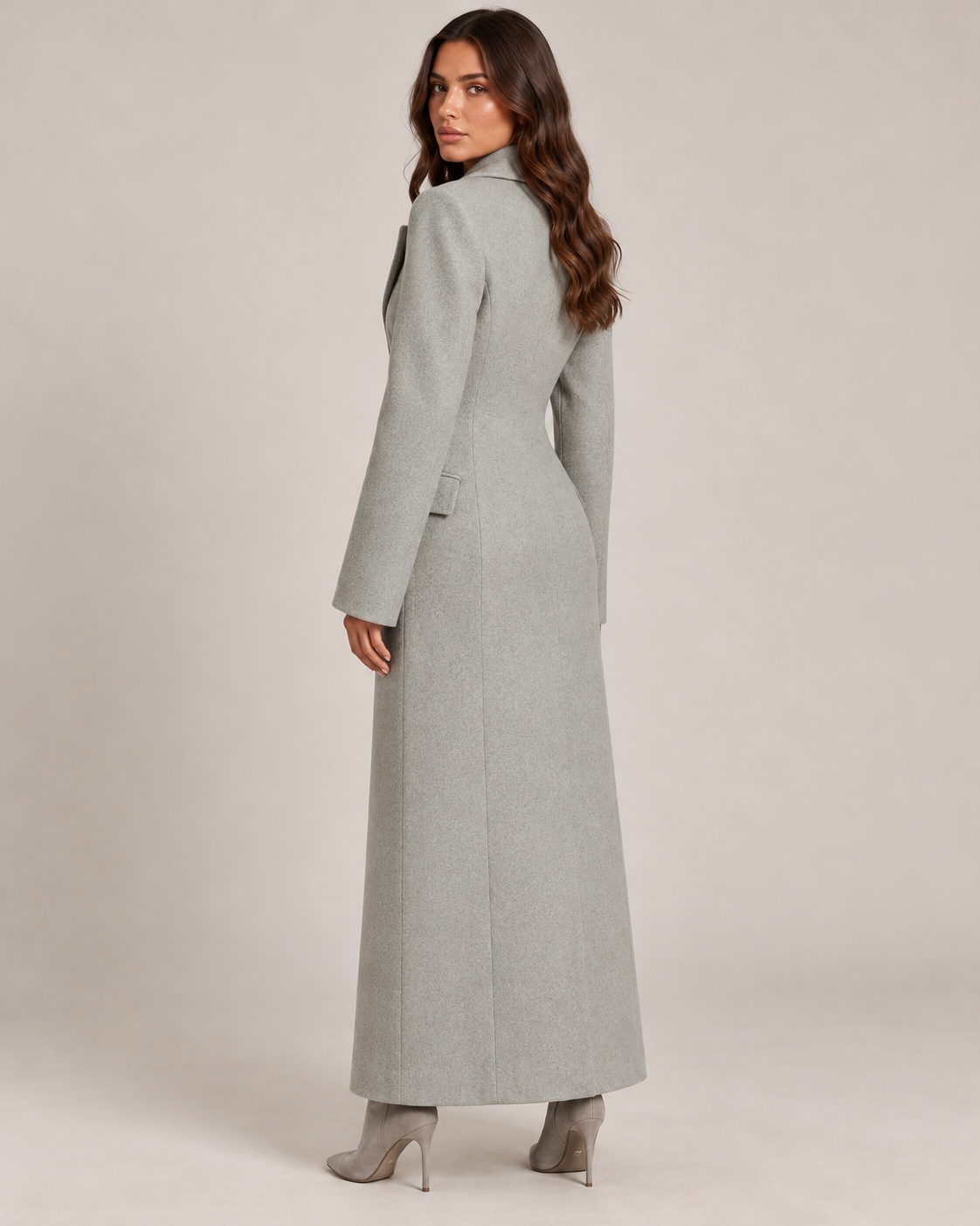 Women's Longline Wool Coat in Light Gray (back view)
