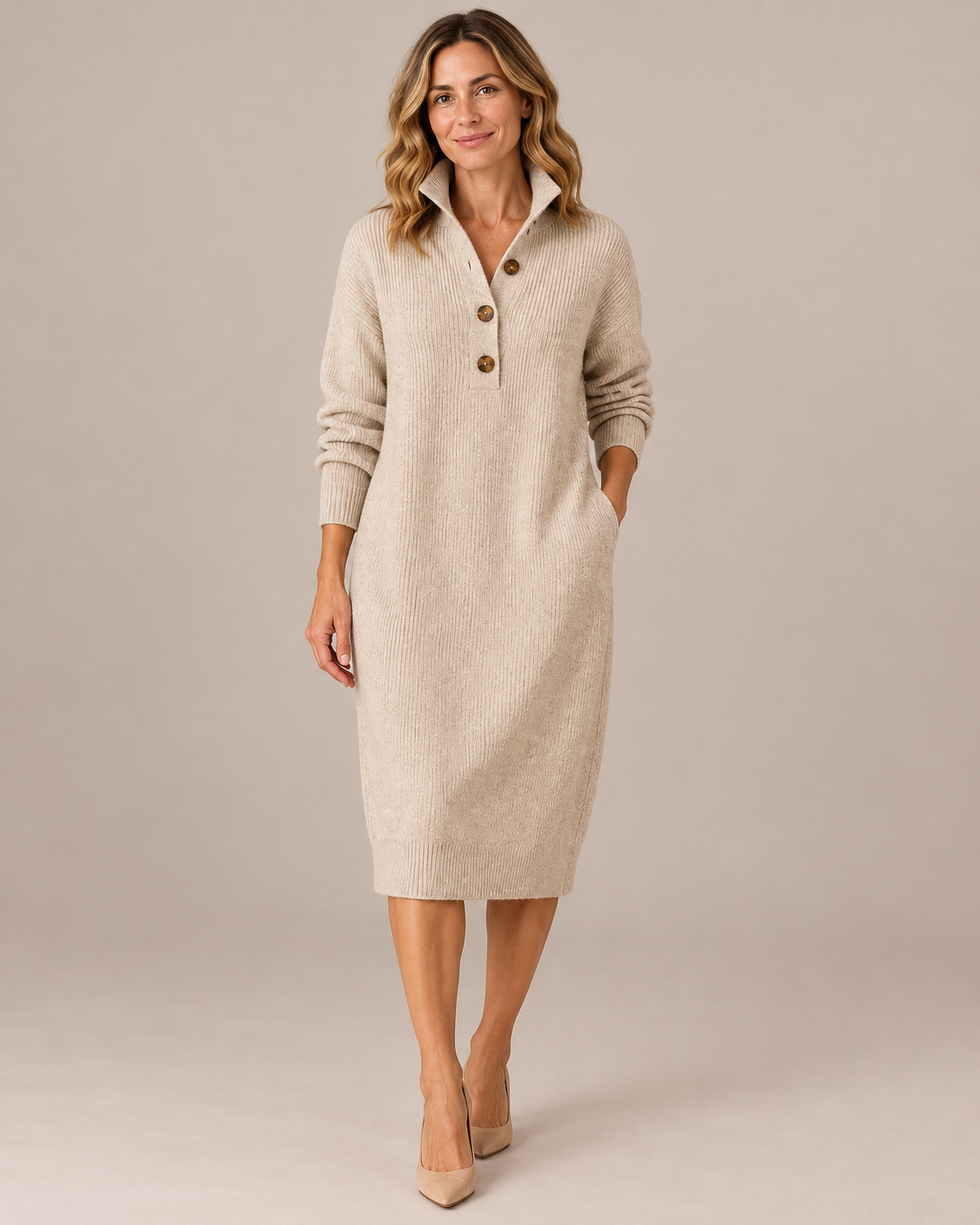 Women's Midi Sweater Dress – Button Collar Ribbed Knit