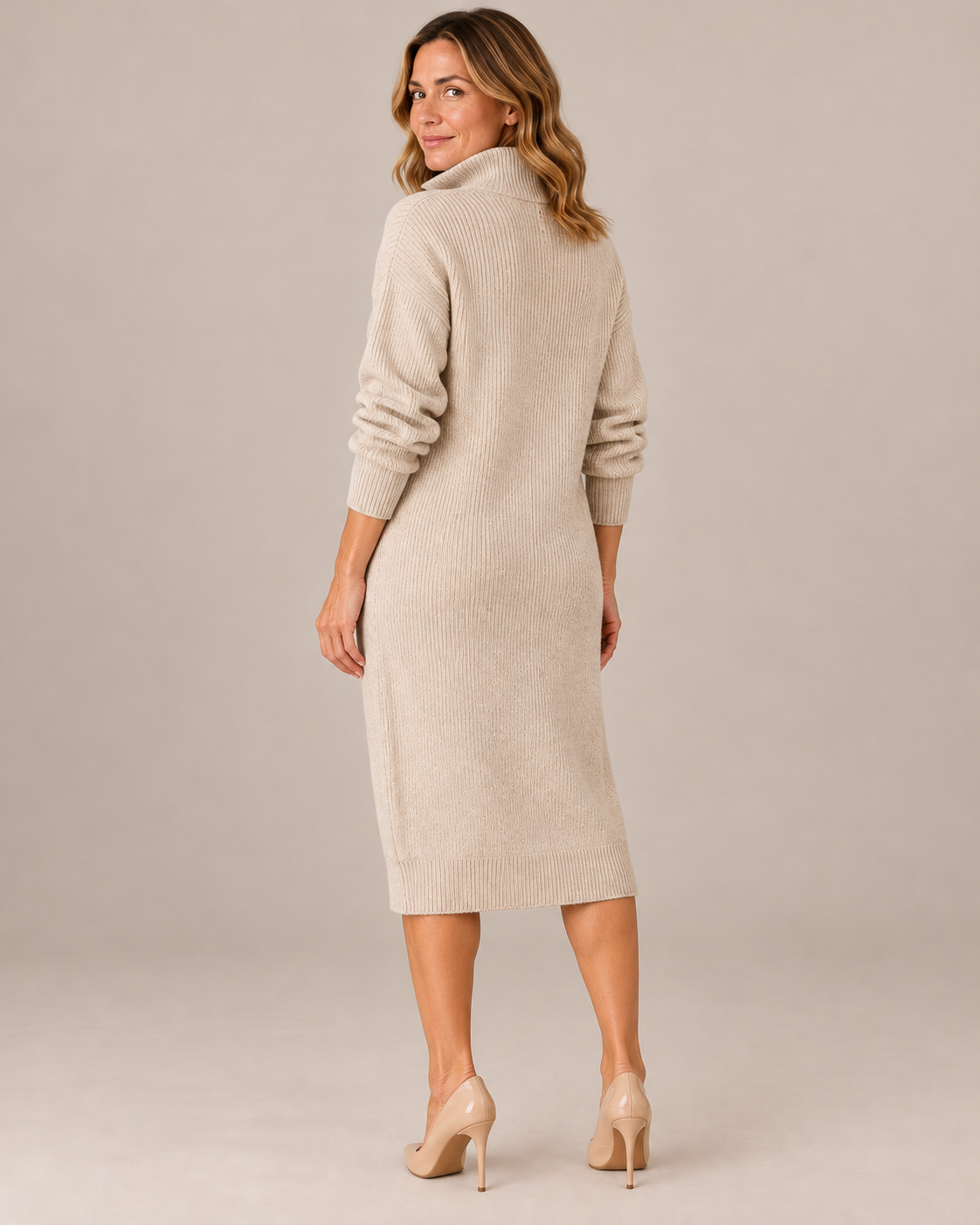 Women's Midi Sweater Dress – Button Collar Ribbed Knit