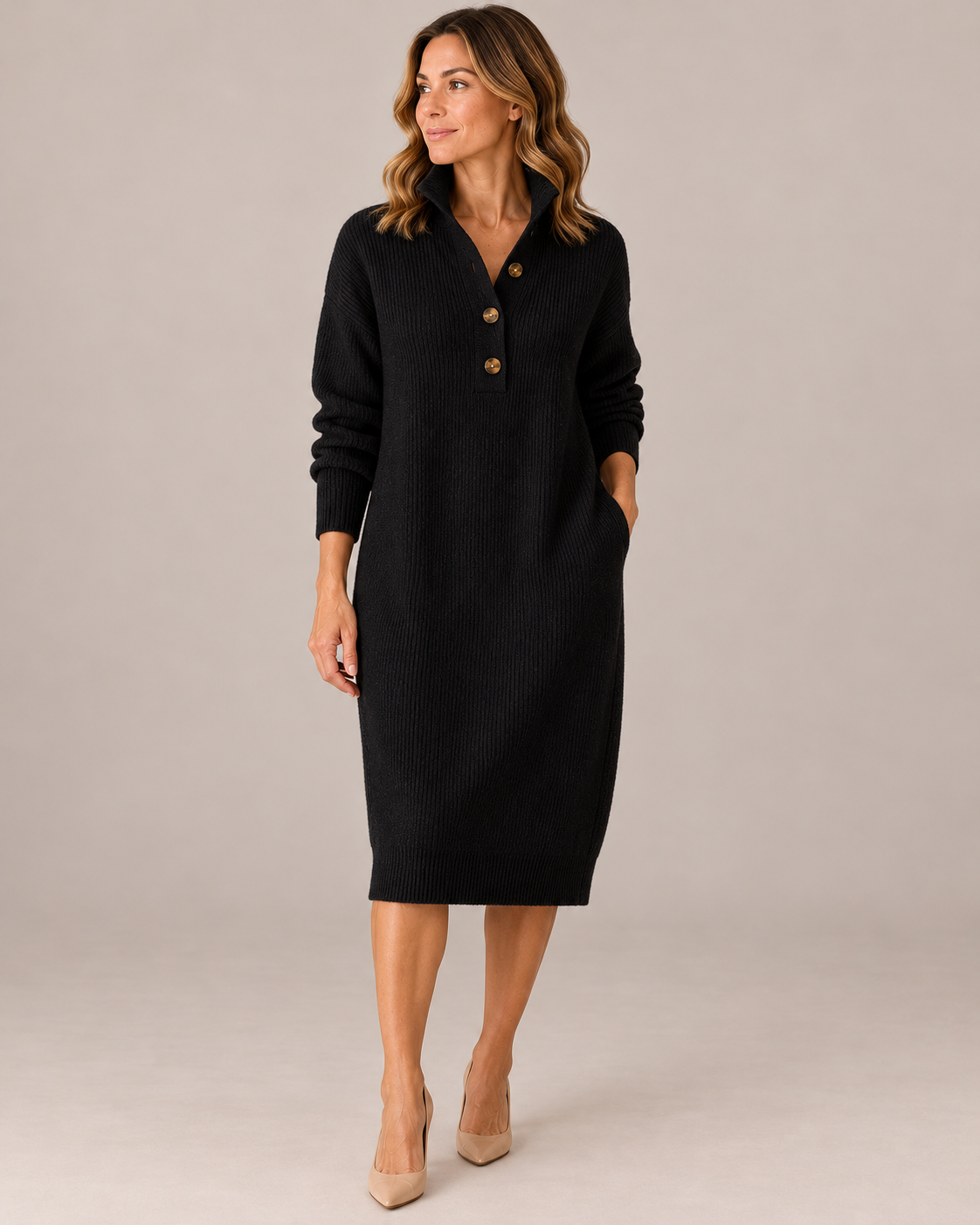 Women's Midi Sweater Dress – Button Collar Ribbed Knit