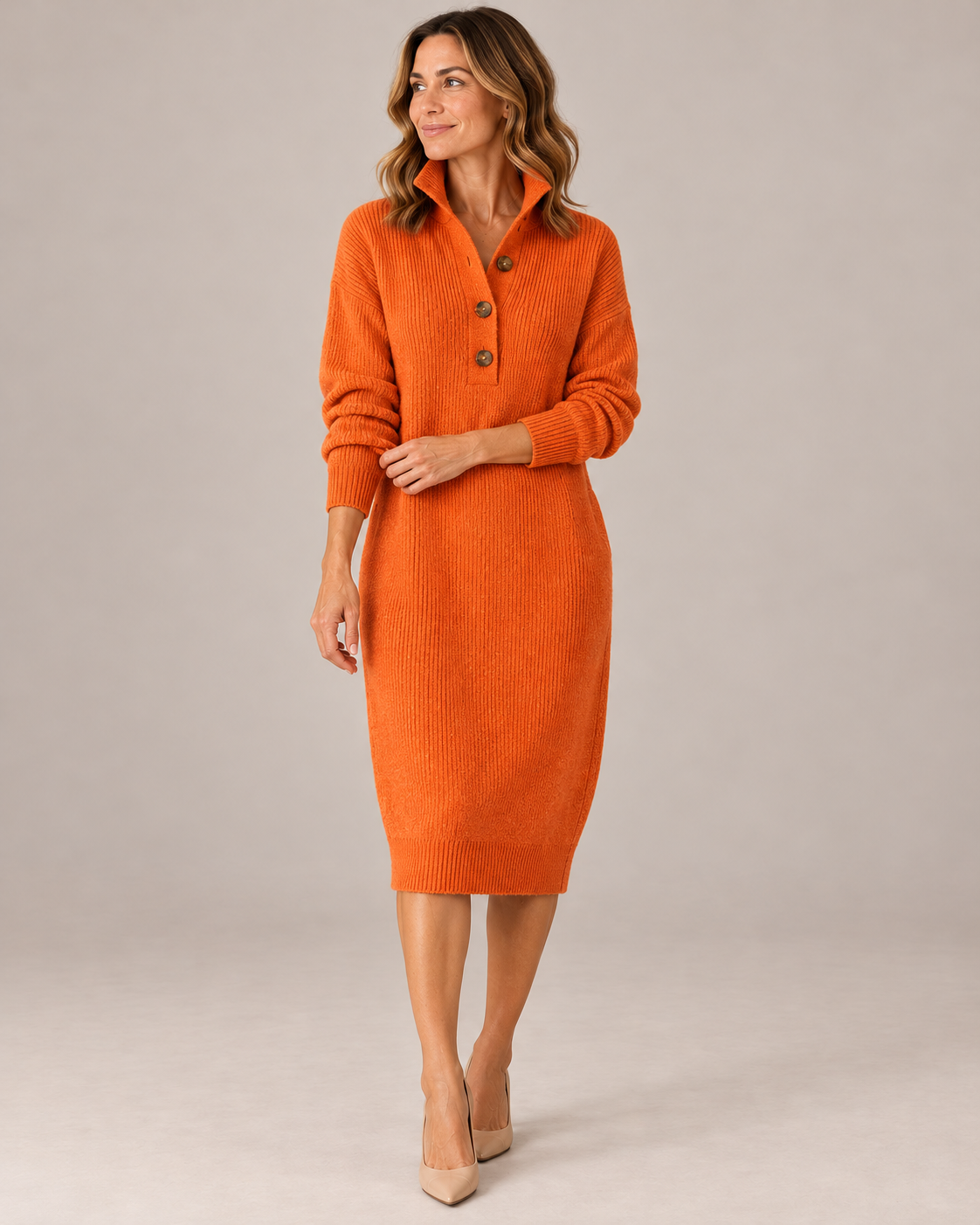 Women's Midi Sweater Dress – Button Collar Ribbed Knit