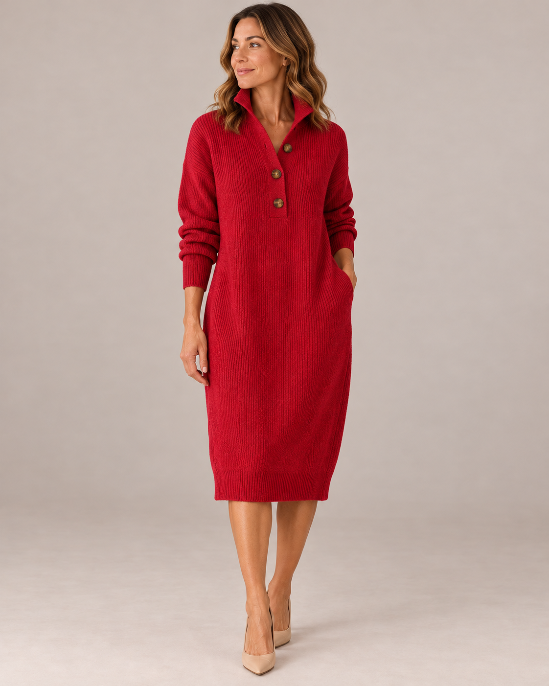 Women's Midi Sweater Dress – Button Collar Ribbed Knit