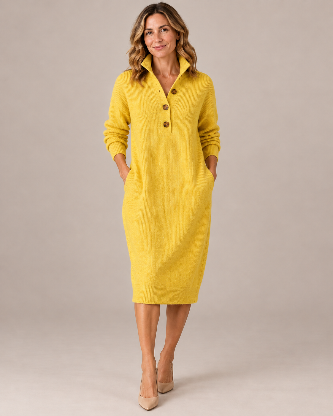 Women's Midi Sweater Dress – Button Collar Ribbed Knit