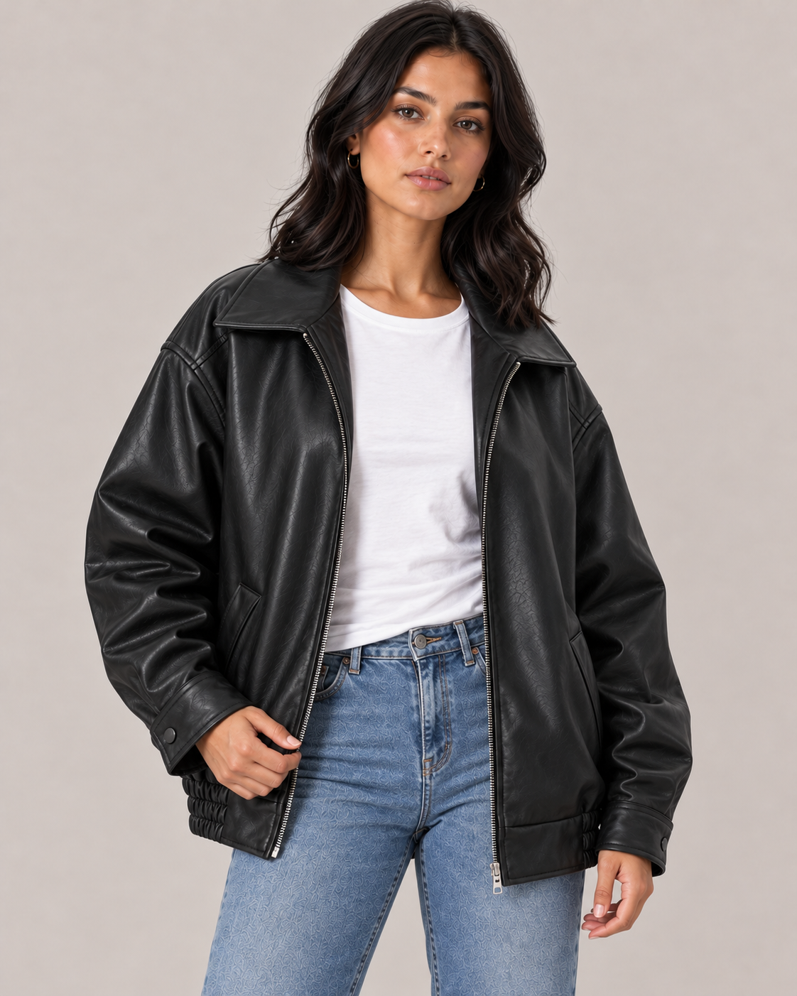 Women's Oversized Faux Leather Bomber Jacket – Full Zip