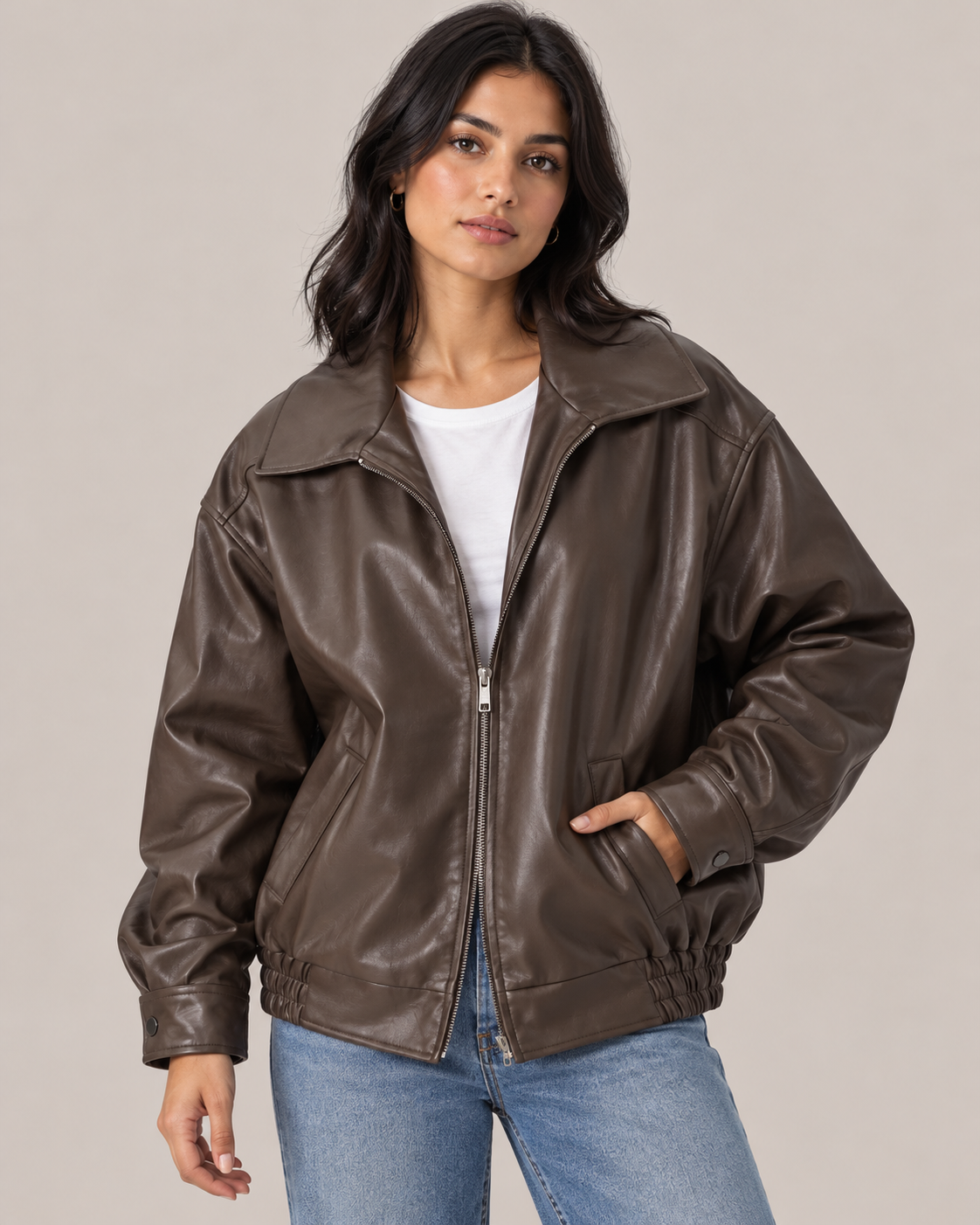 Women's Oversized Faux Leather Bomber Jacket – Full Zip
