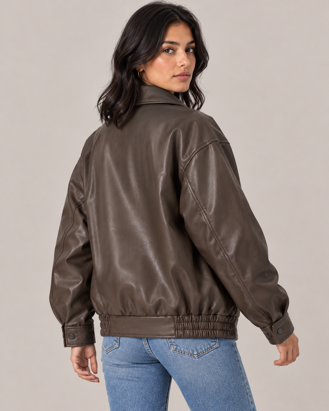 Women's Oversized Faux Leather Bomber Jacket – Full Zip