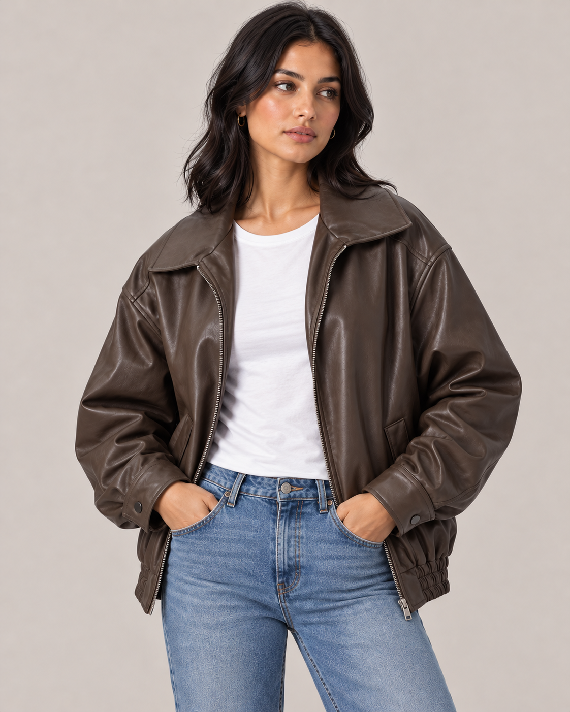 Women's Oversized Faux Leather Bomber Jacket – Full Zip