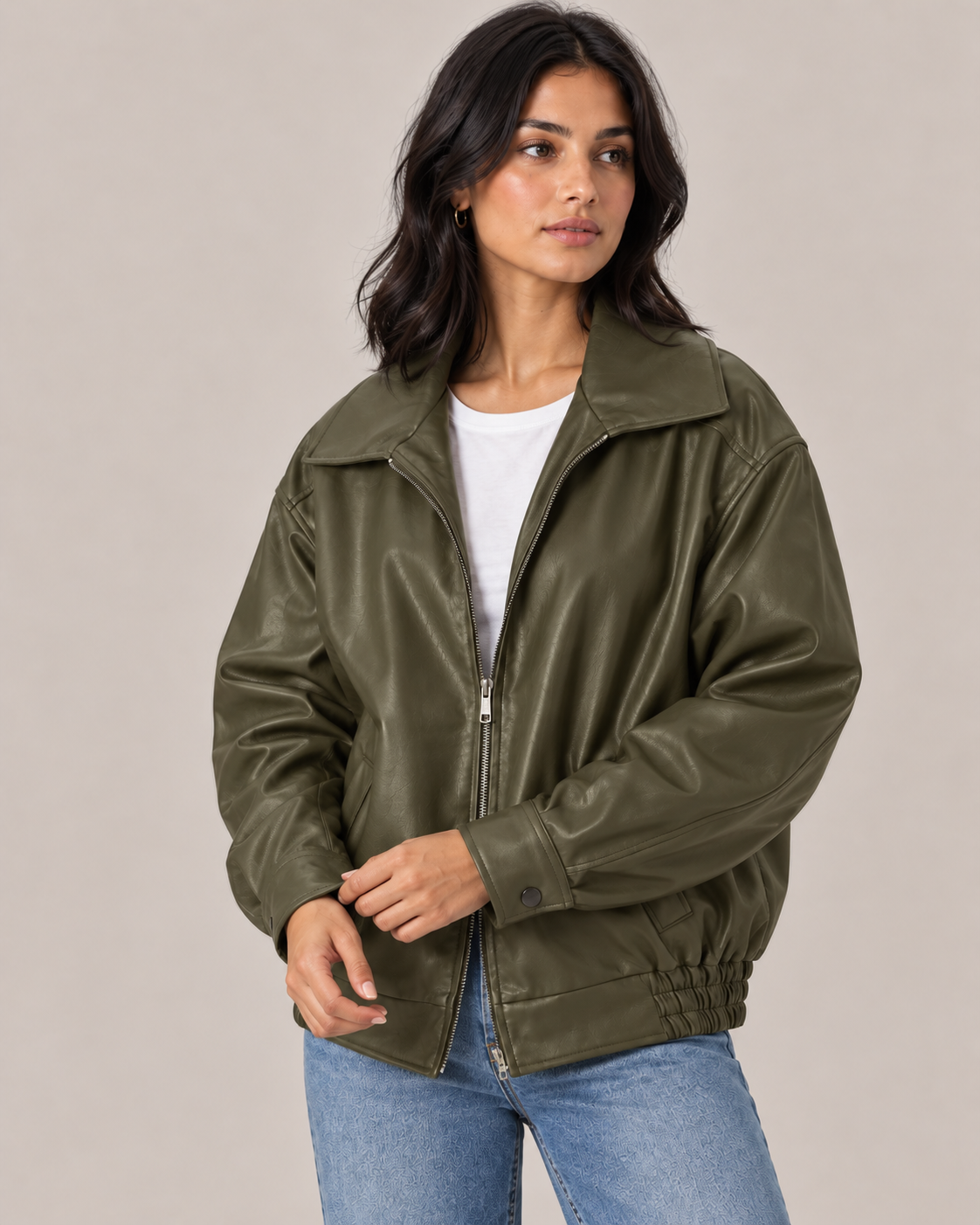 Women's Oversized Faux Leather Bomber Jacket – Full Zip