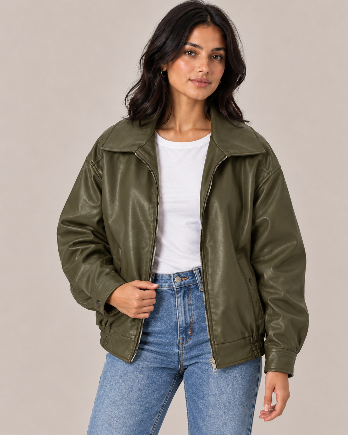 Women's Oversized Faux Leather Bomber Jacket – Full Zip