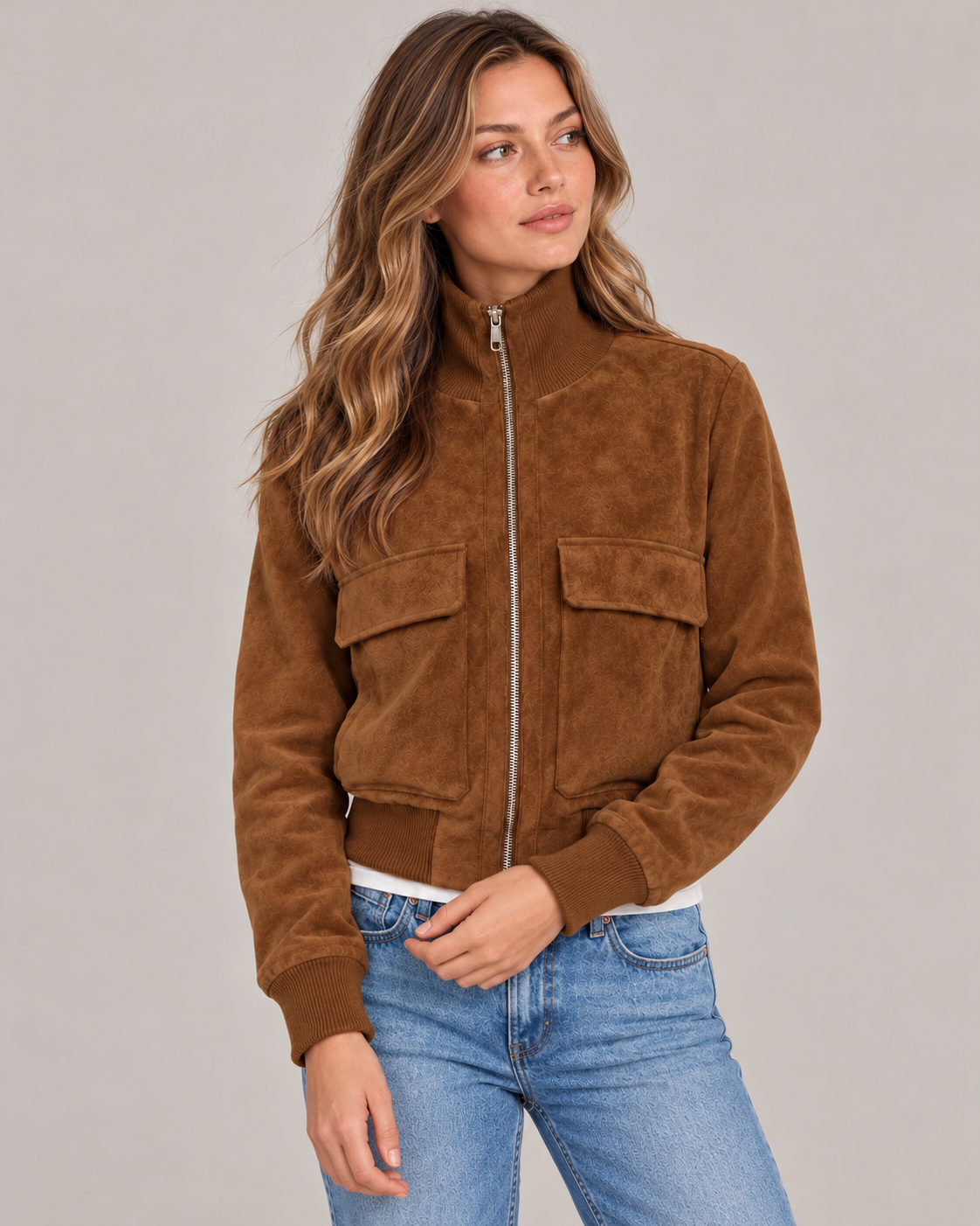Women's Suede Bomber Jacket – Cropped Ribbed Trim
