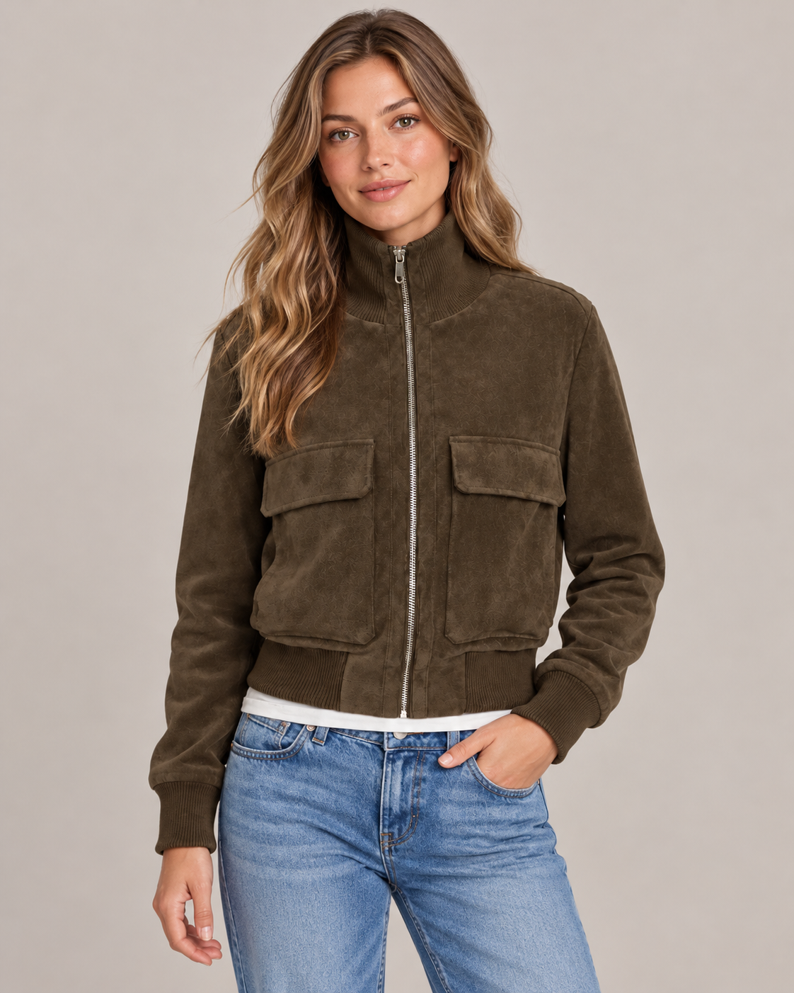 Women's Suede Bomber Jacket – Cropped Ribbed Trim