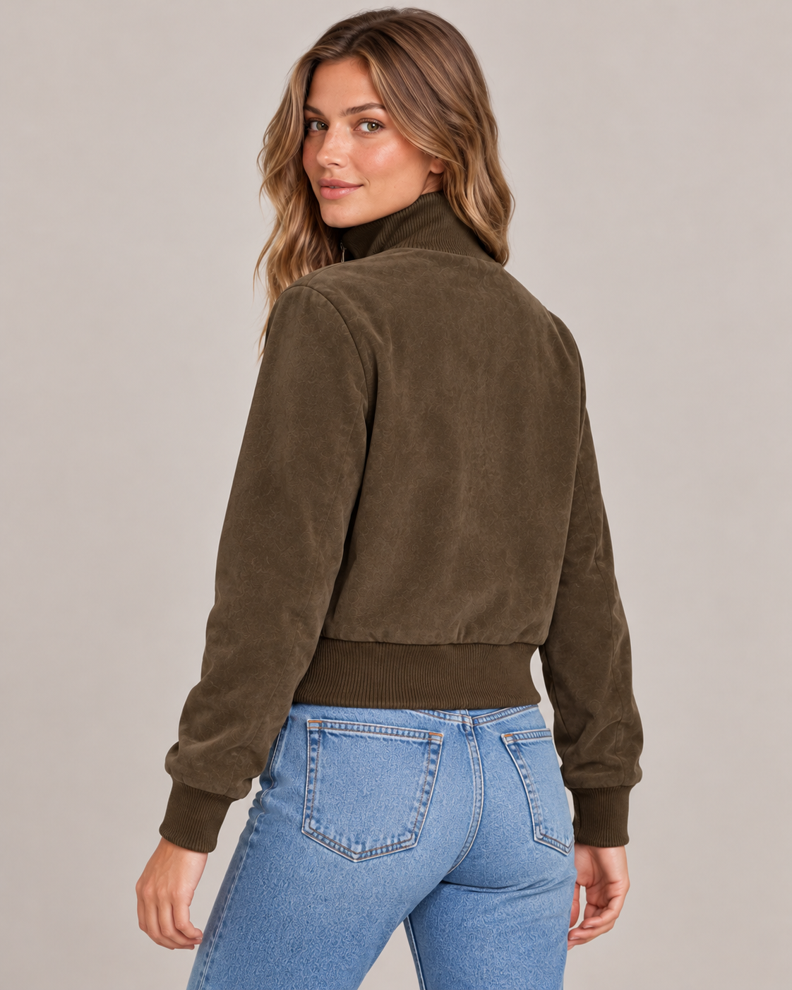 Women's Suede Bomber Jacket – Cropped Ribbed Trim