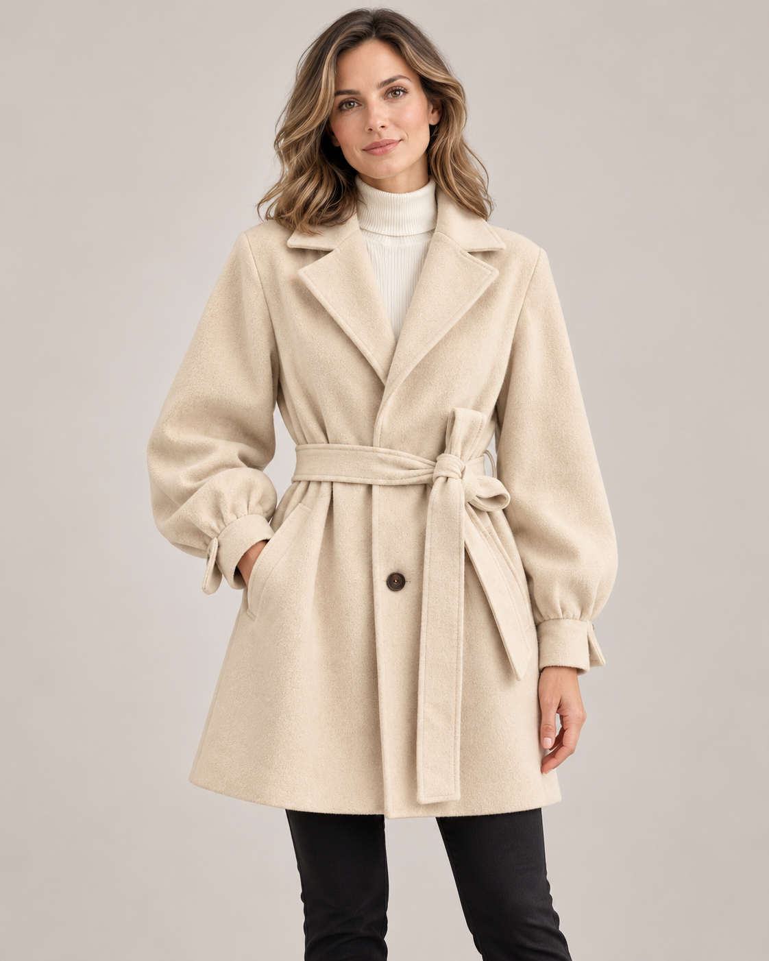 Women's Belted Wool Coat in Beige
