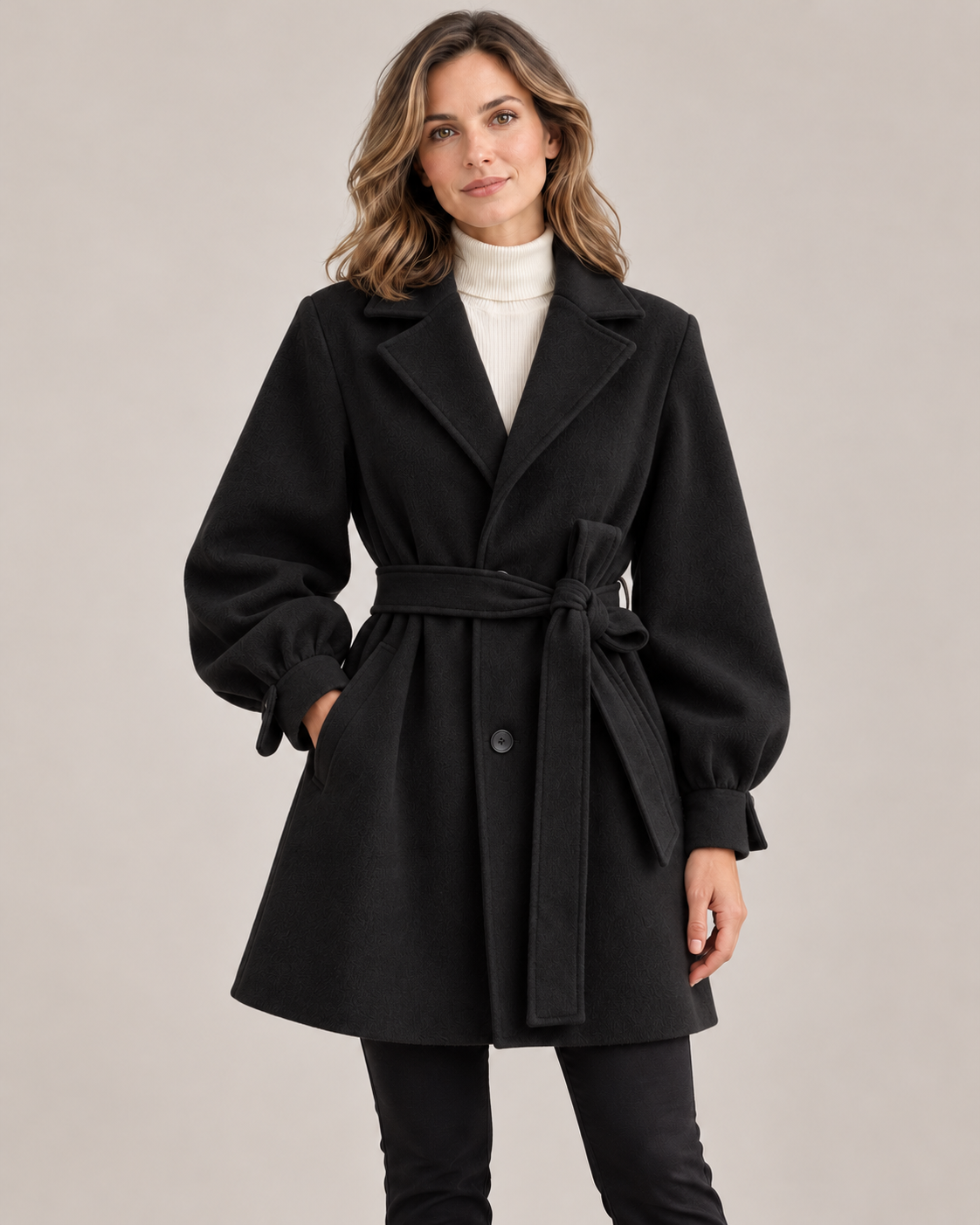 Women's Belted Wool Coat in Black