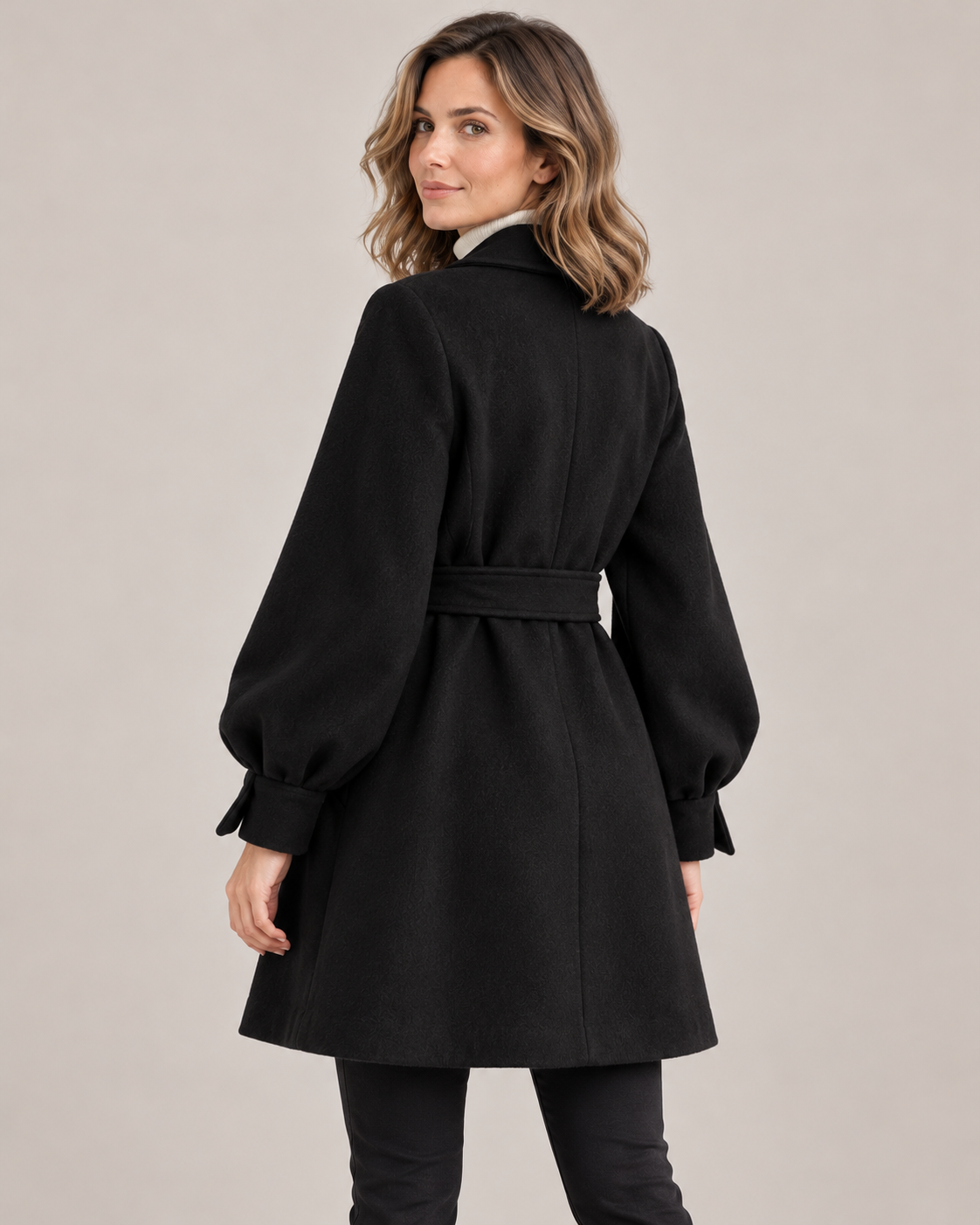 Women's Belted Wool Coat in Black (back view)