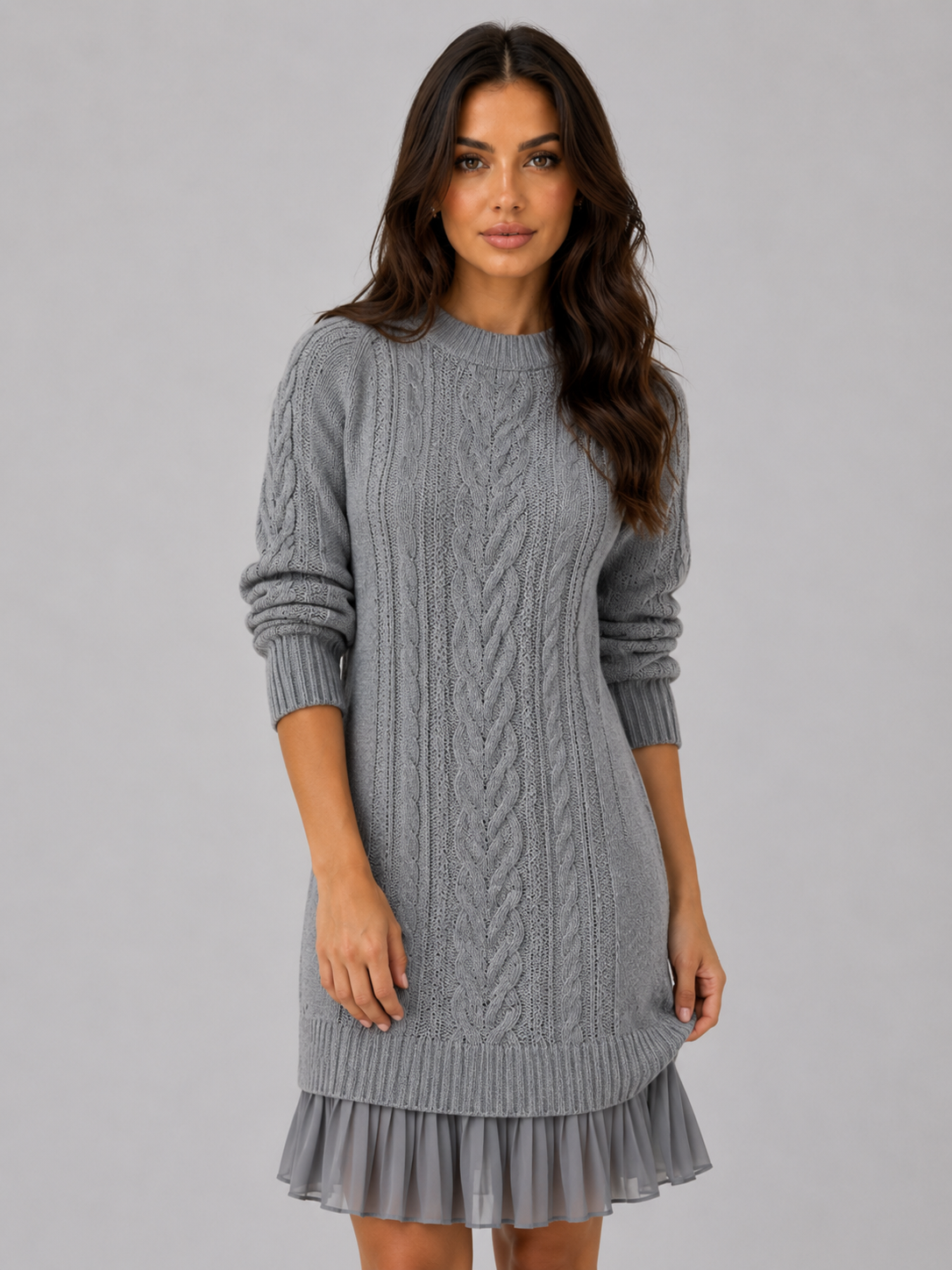 dress knitted pleated hem Women's Cable Knit Sweater – Mini Style – Aurenil elongated silhouette Perfect for Style:E Formal Dresses Graduation Outfits White Reverie Collection