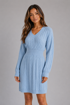 Women's Cable Knit Sweater Dress – V-Neck Midi Dress