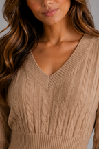Women's Cable Knit Sweater Dress – V-Neck Midi Dress