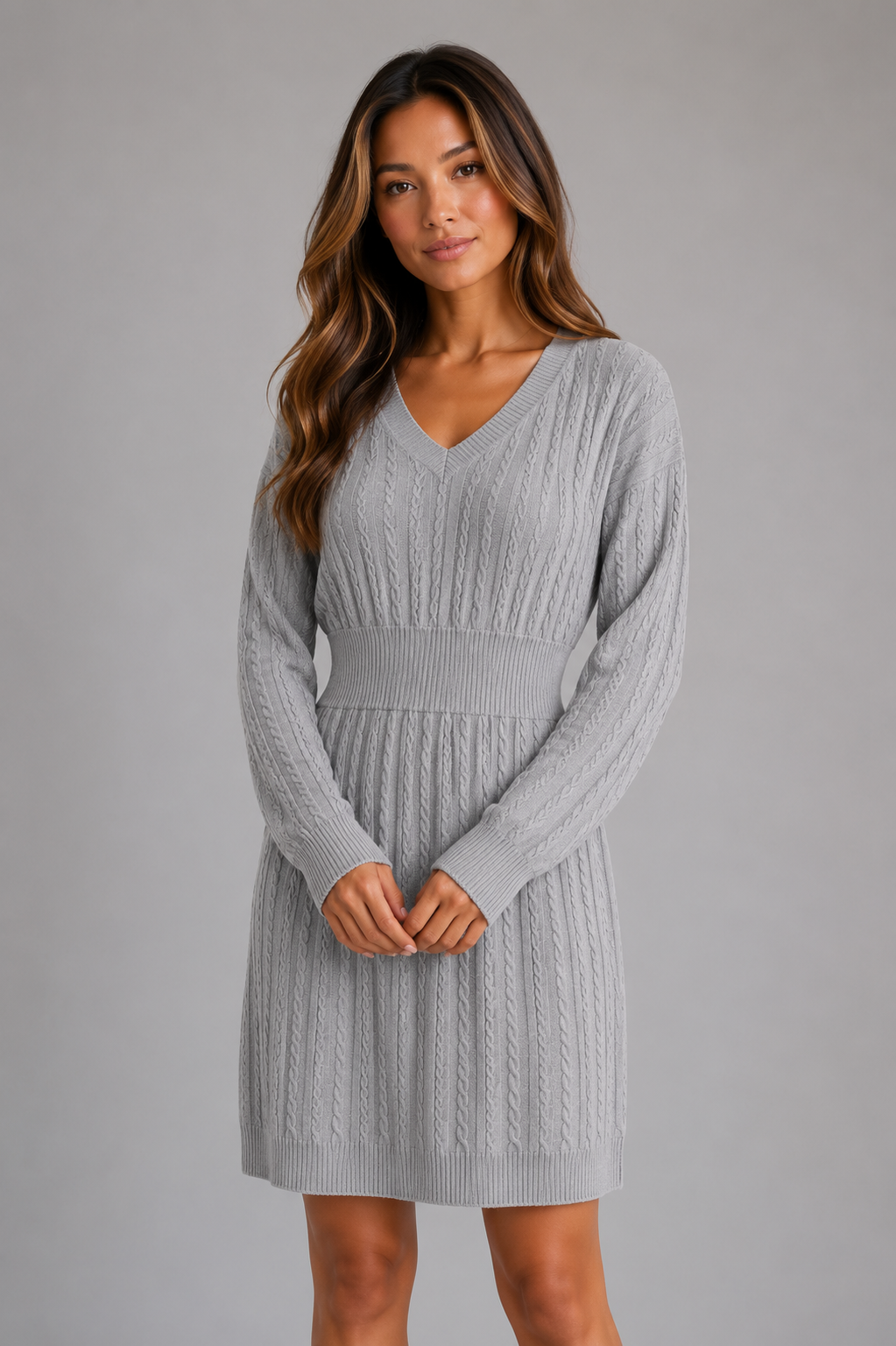 Women's Cable Knit Sweater Dress – V-Neck Midi Dress