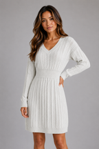 Women's Cable Knit Sweater Dress – V-Neck Midi Dress