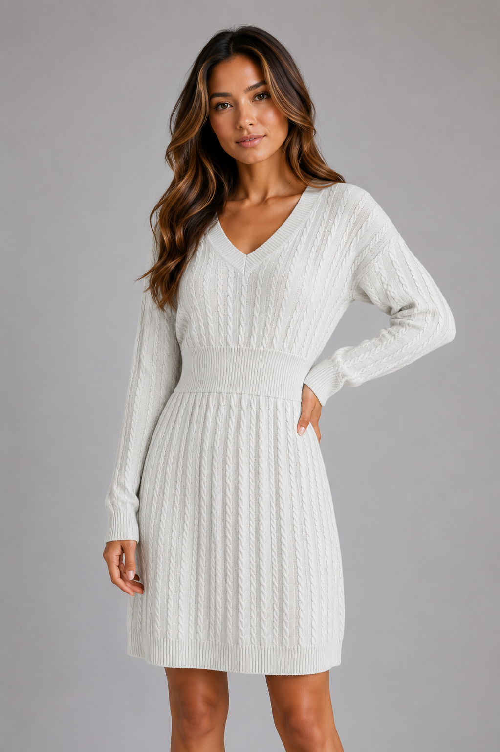 Women's Cable Knit Sweater Dress – V-Neck Midi Dress