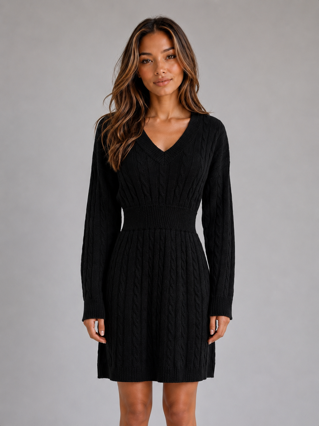 Women's Cable Knit Sweater Dress – V-Neck Midi Dress