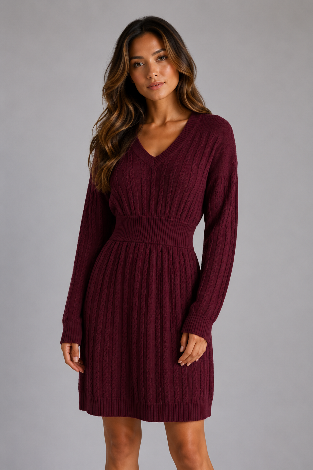 Women's Cable Knit Sweater Dress – V-Neck Midi Dress
