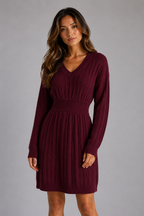 Women's Cable Knit Sweater Dress – V-Neck Midi Dress