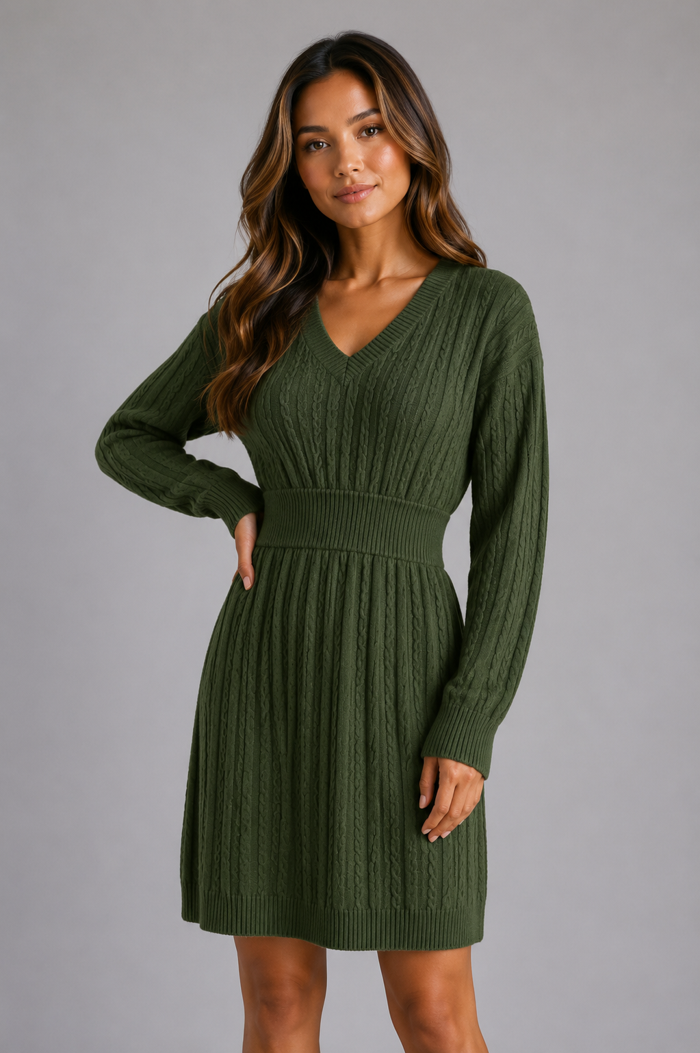 Women's Cable Knit Sweater Dress – V-Neck Midi Dress