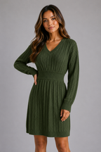 Women's Cable Knit Sweater Dress – V-Neck Midi Dress