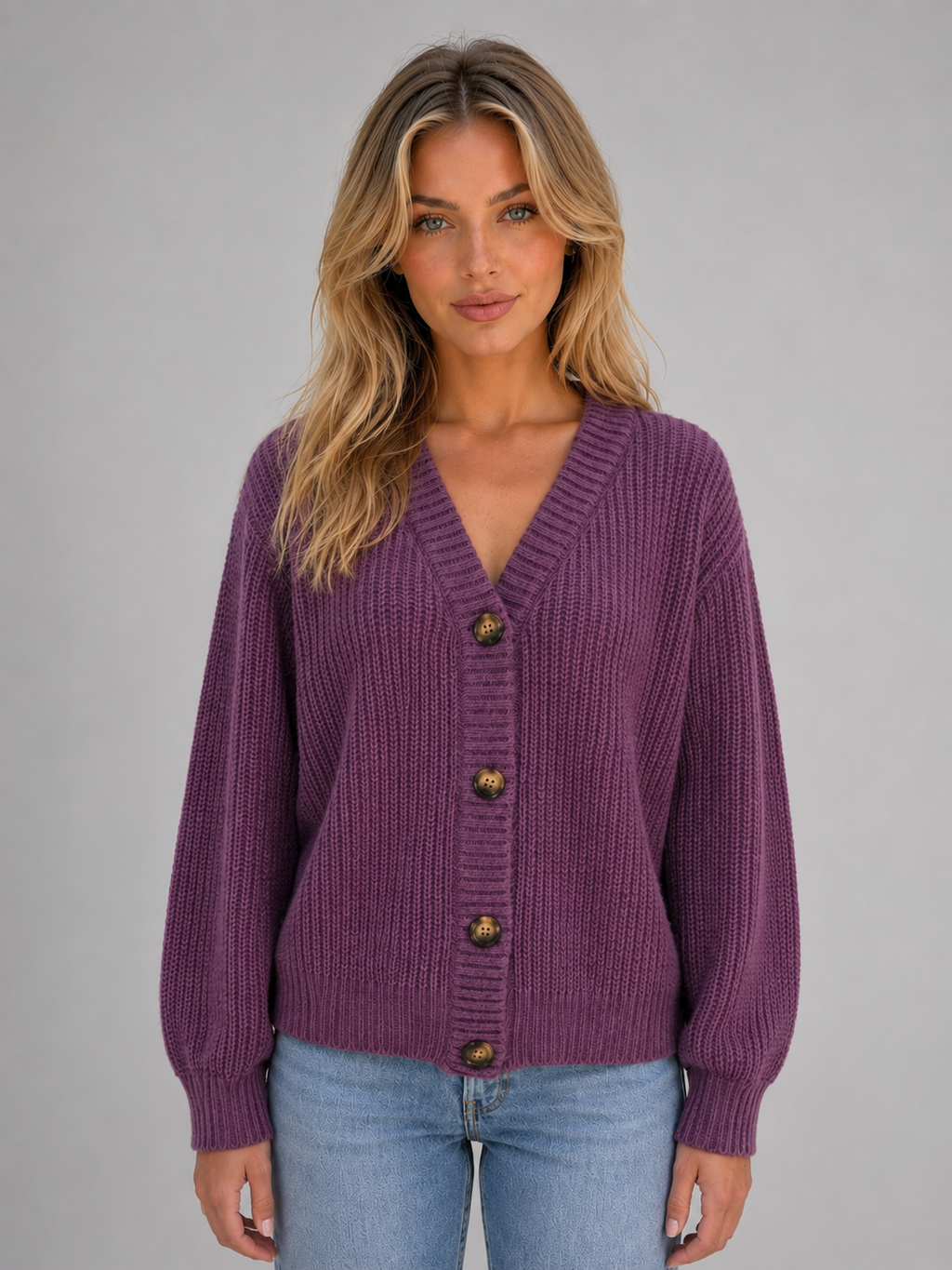 Women's Chunky Knit Cardigan – Button Front V-Neck Style