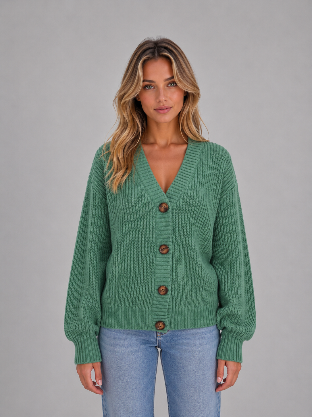 Women's Chunky Knit Cardigan – Button Front V-Neck Style