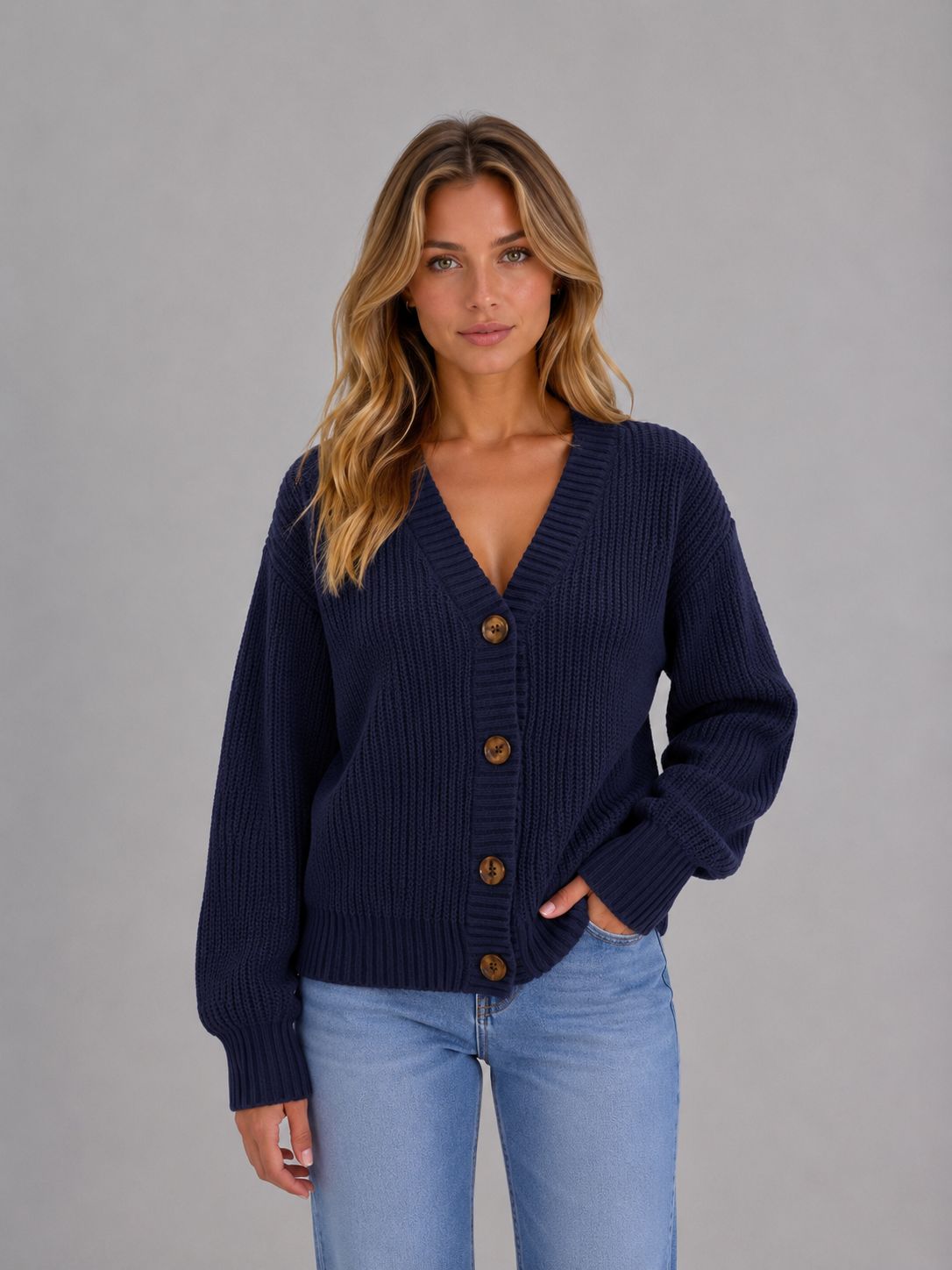 Women's Chunky Knit Cardigan – Button Front V-Neck Style
