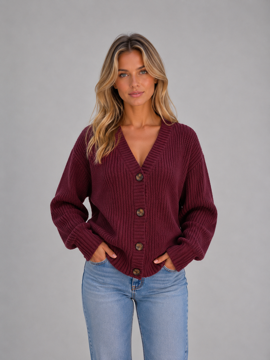 Women's Chunky Knit Cardigan – Button Front V-Neck Style