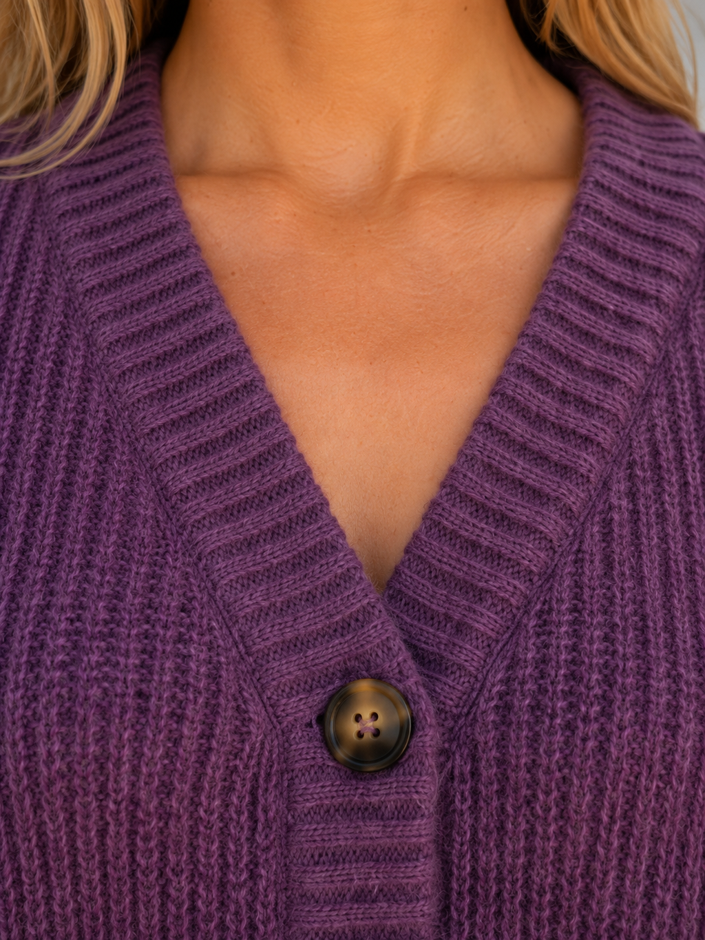 Women's Chunky Knit Cardigan – Button Front V-Neck Style