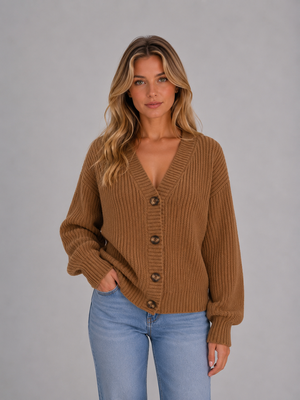 Women's Chunky Knit Cardigan – Button Front V-Neck Style