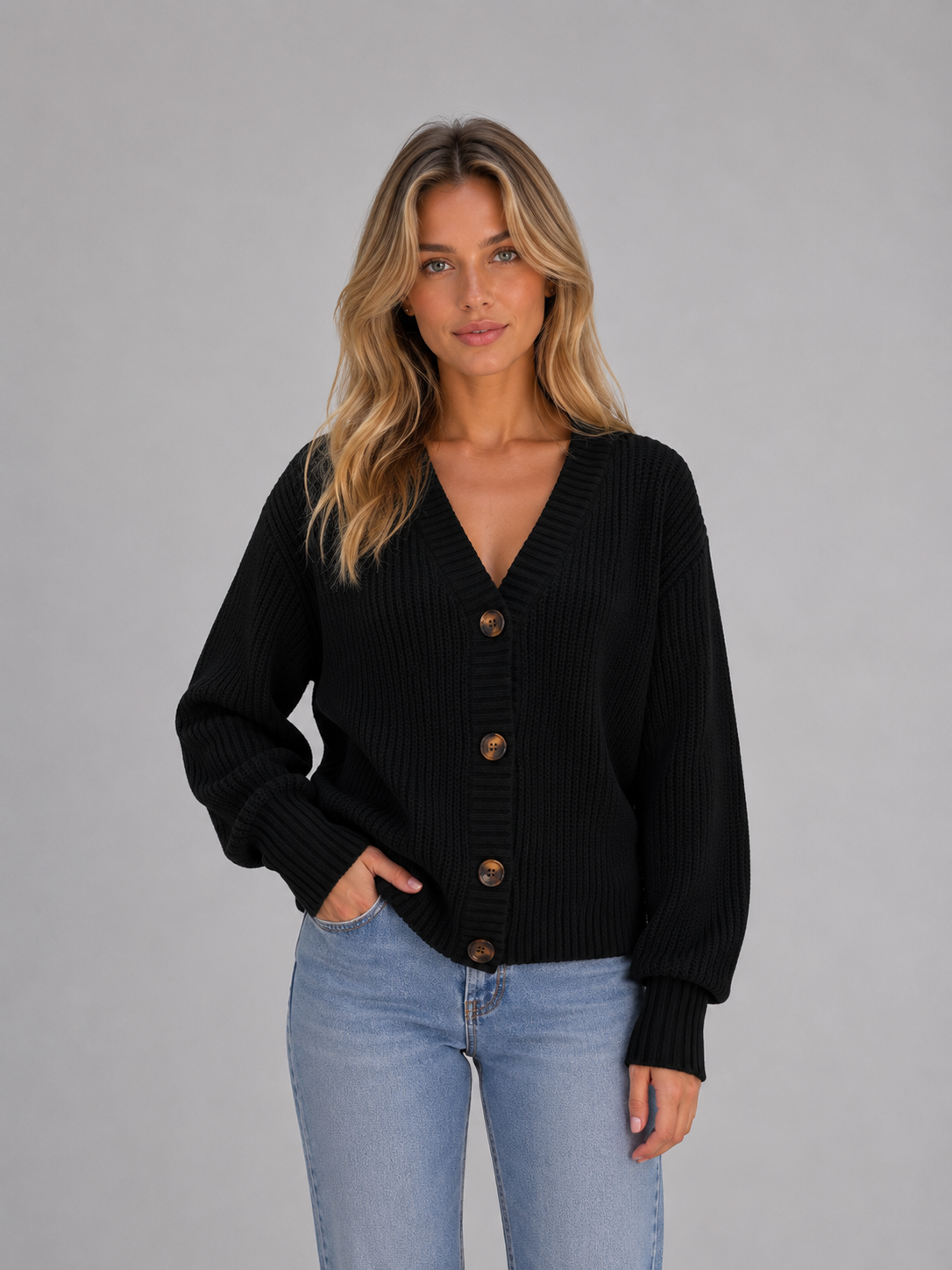 Women's Chunky Knit Cardigan – Button Front V-Neck Style
