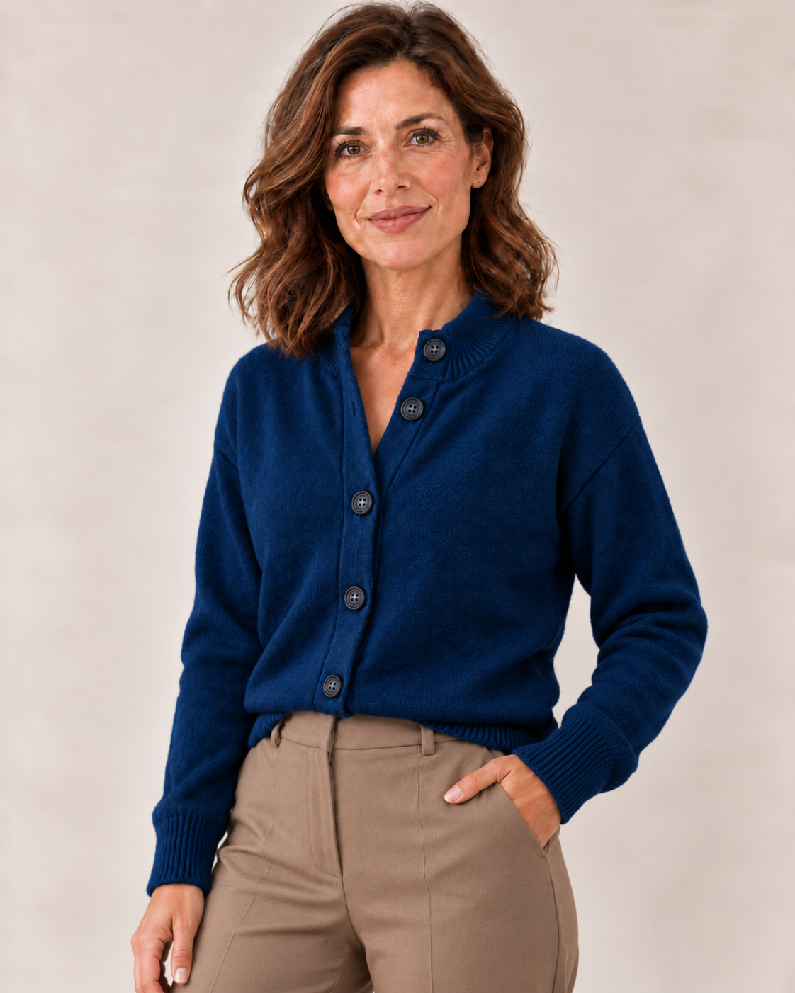 Women's Collared Knit Cardigan in Navy Blue