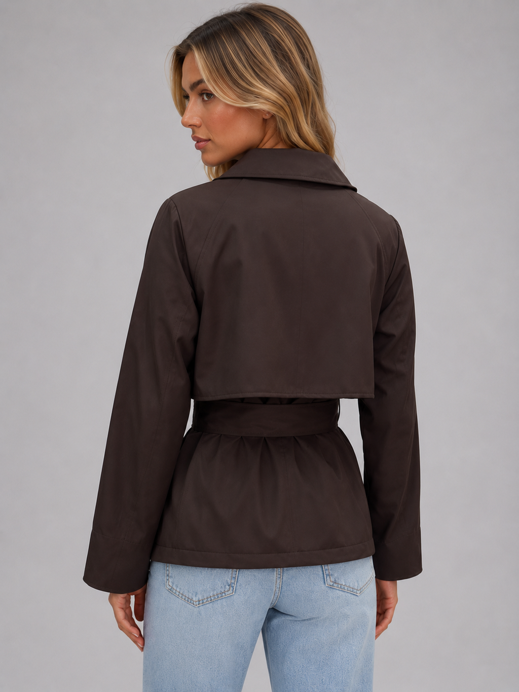 Women's Cropped Trench Jacket – Double Breasted Coat with Belt