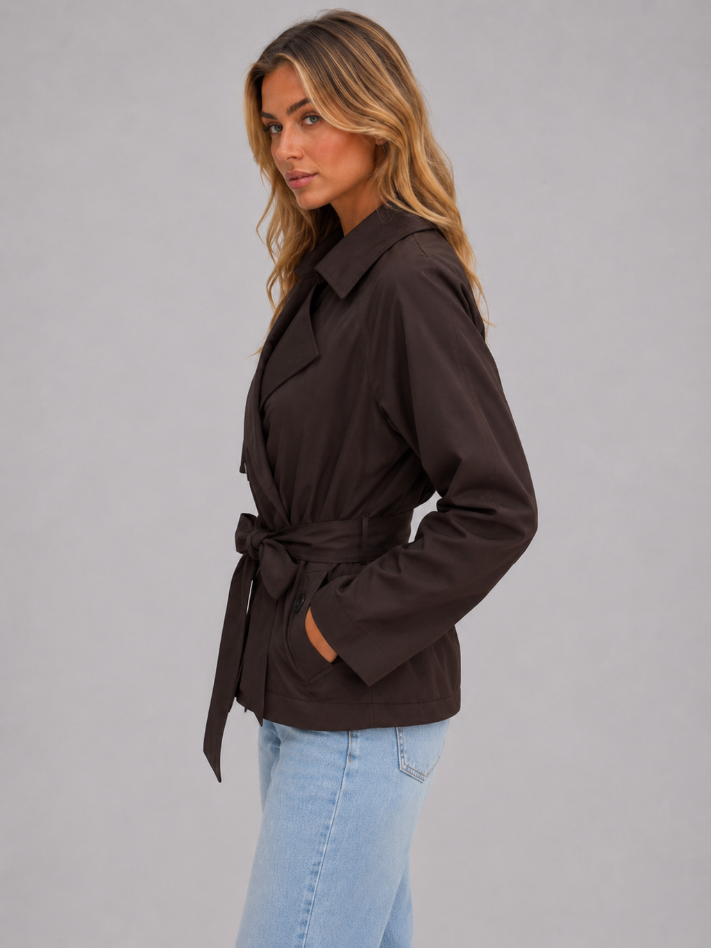 Women's Cropped Trench Jacket – Double Breasted Coat with Belt