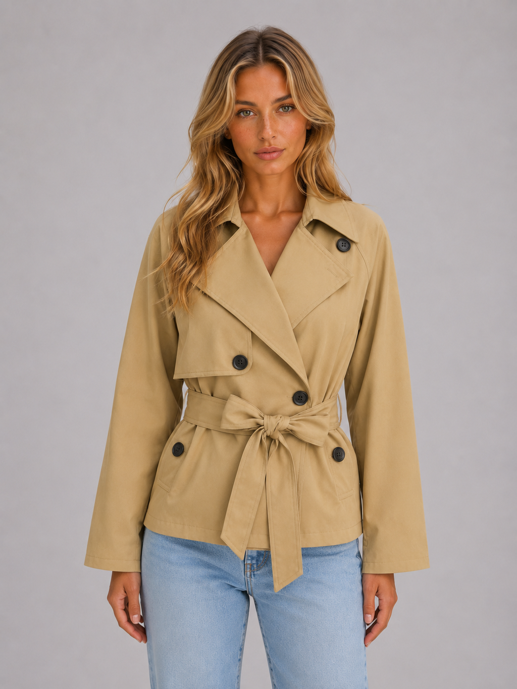 Women's Cropped Trench Jacket – Double Breasted Coat with Belt
