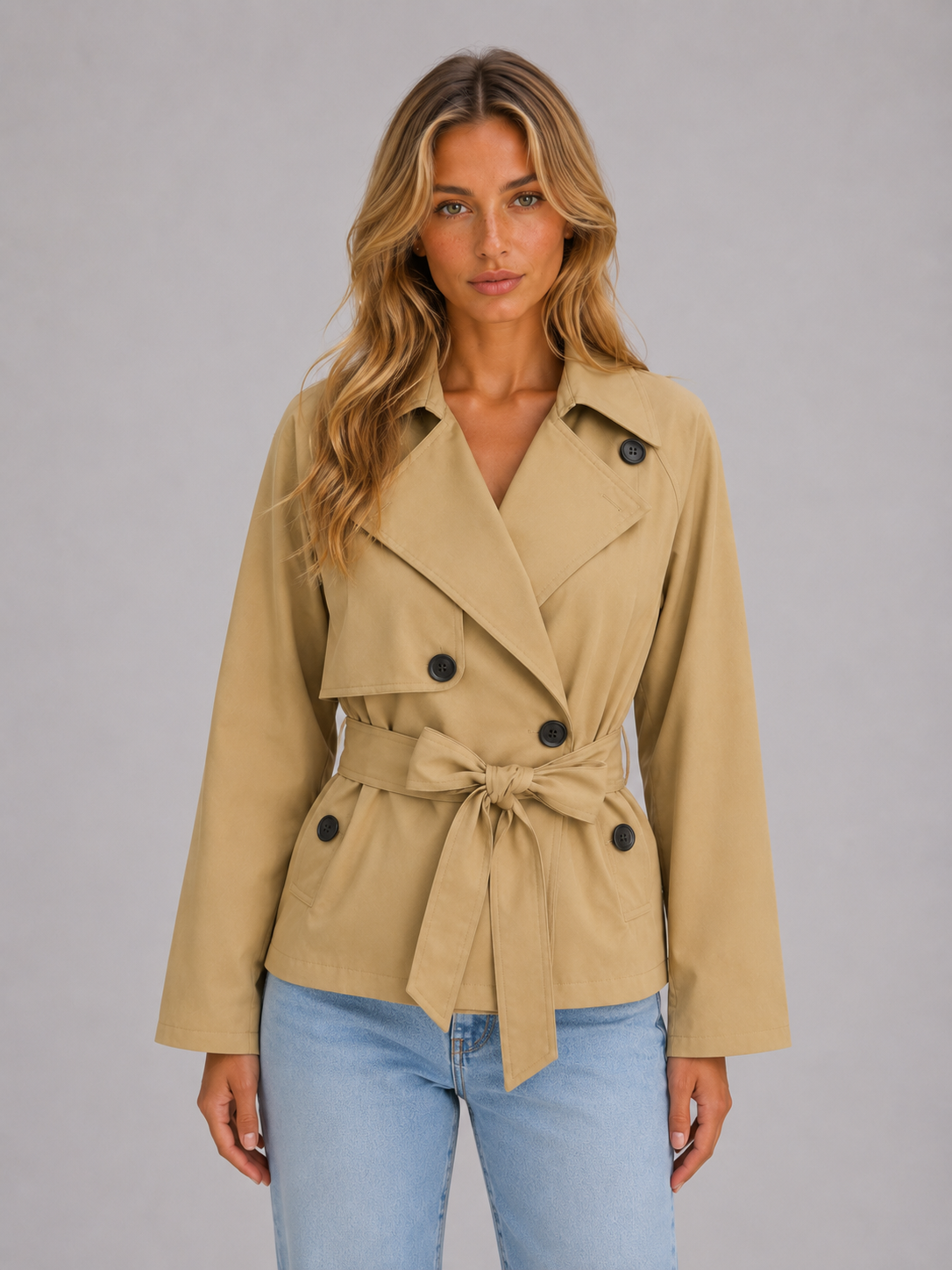 Women's Cropped Trench Jacket – Double Breasted Coat with Belt