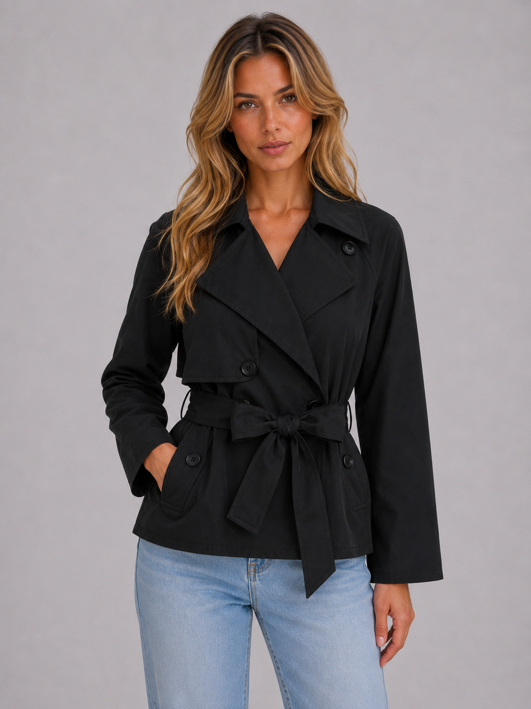 Women's Cropped Trench Jacket – Double Breasted Coat with Belt