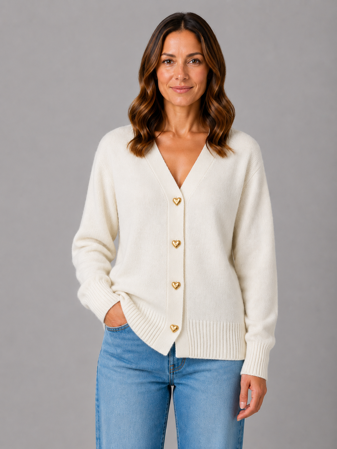 Women's Heart Button Cardigan – V-Neck Soft Knit Style