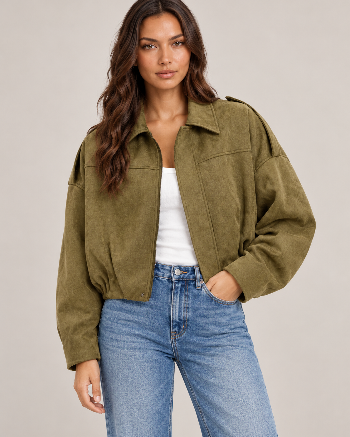 Women's Oversized Suede Jacket in Olive Green